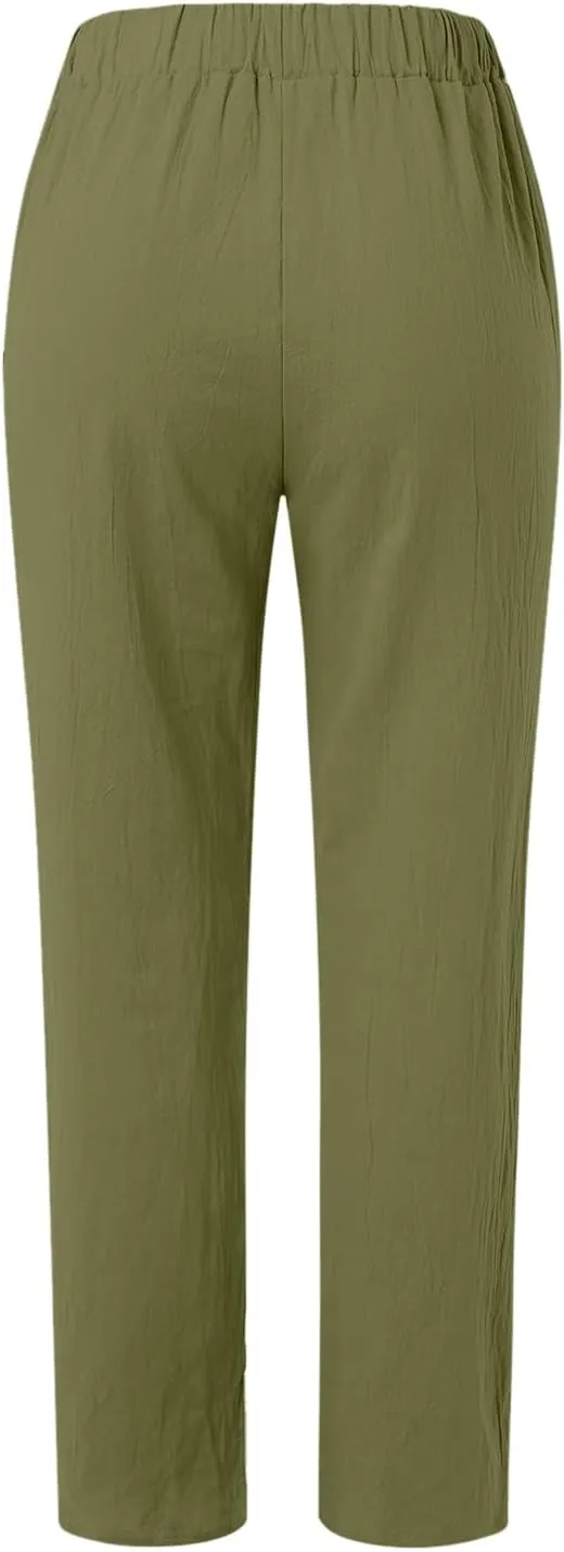 Lounge Linen Pants Women Casual Summer Loose Boho Straight Leg Solid Color High Waist Linen Pants Plus Size Lounge Trousers
