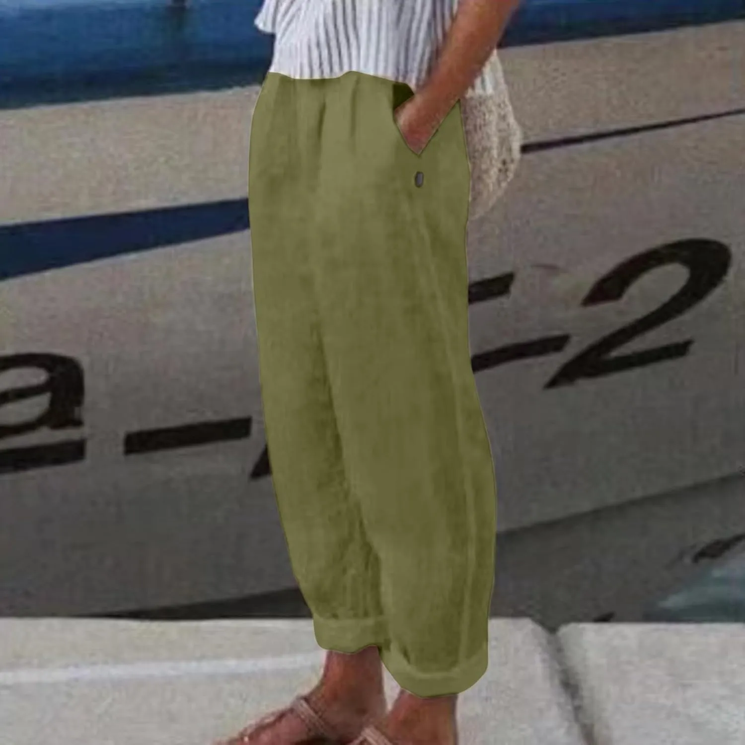 Lounge Linen Pants Women Casual Summer Loose Boho Straight Leg Solid Color High Waist Linen Pants Plus Size Lounge Trousers