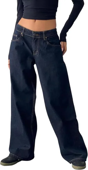 Low Rise Baggy Jeans for Women y2k Straight Wide Leg Boyfriend Trendy Cute Jeans White Long Denim Pants