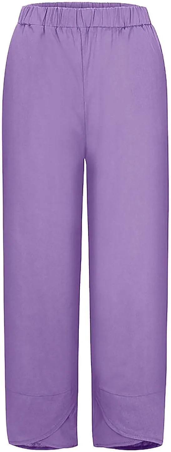 Lpmadey Women Cotton Linen Capris Pants Front Slit Elastic Waist Casual Pant Summer Solid Lounge Cropped Trouser with Pockets