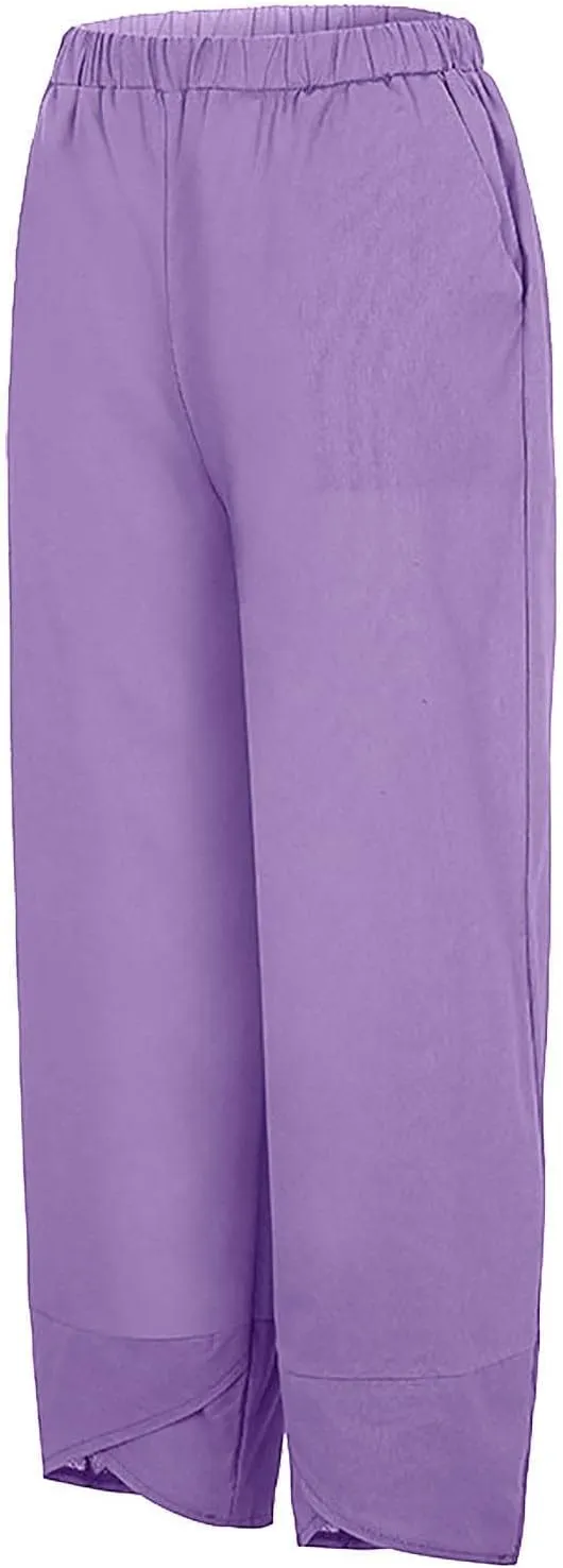 Lpmadey Women Cotton Linen Capris Pants Front Slit Elastic Waist Casual Pant Summer Solid Lounge Cropped Trouser with Pockets