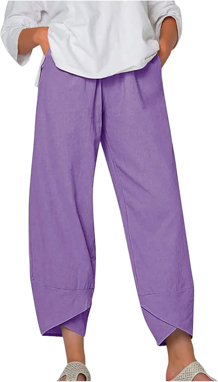 Lpmadey Women Cotton Linen Capris Pants Front Slit Elastic Waist Casual Pant Summer Solid Lounge Cropped Trouser with Pockets