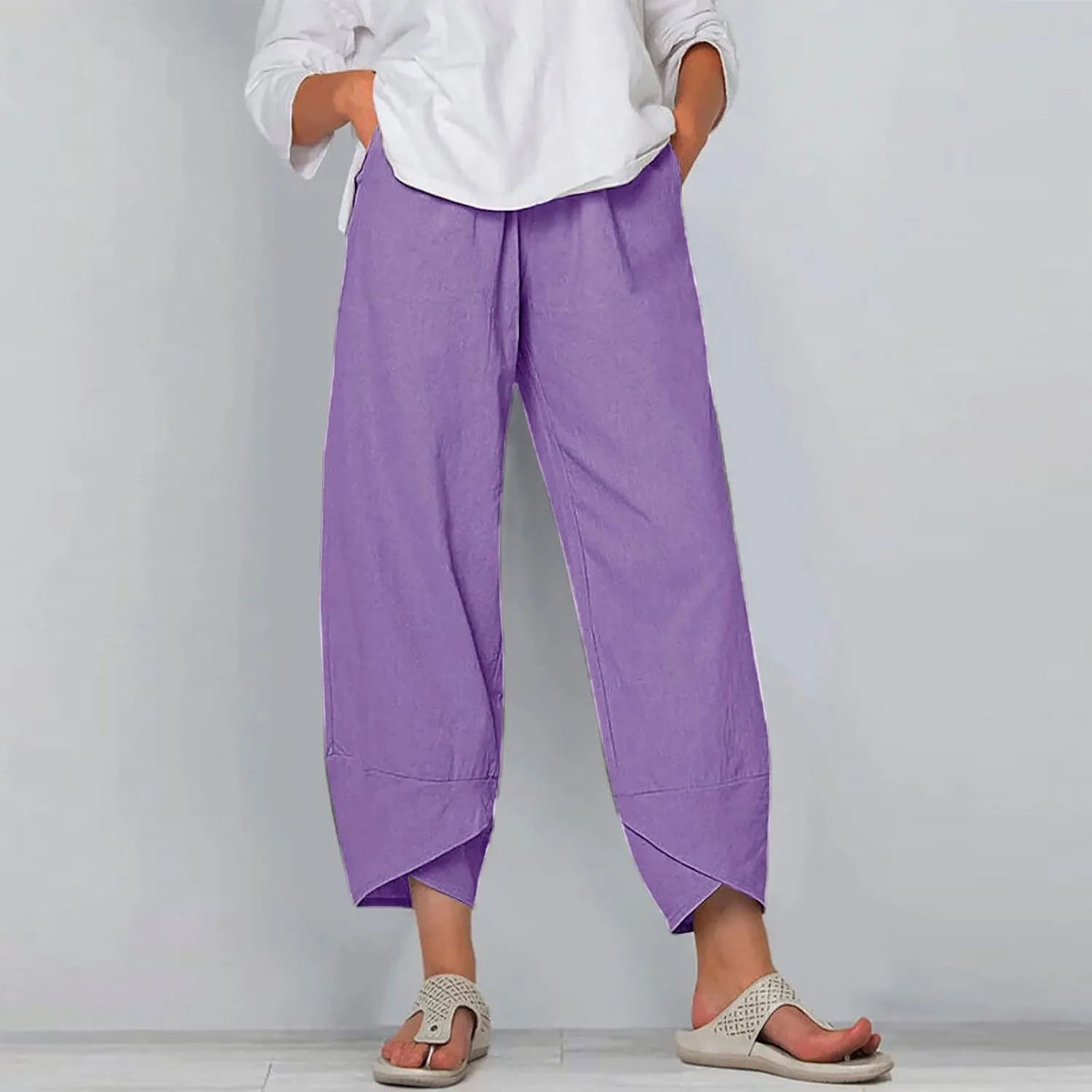 Lpmadey Women Cotton Linen Capris Pants Front Slit Elastic Waist Casual Pant Summer Solid Lounge Cropped Trouser with Pockets