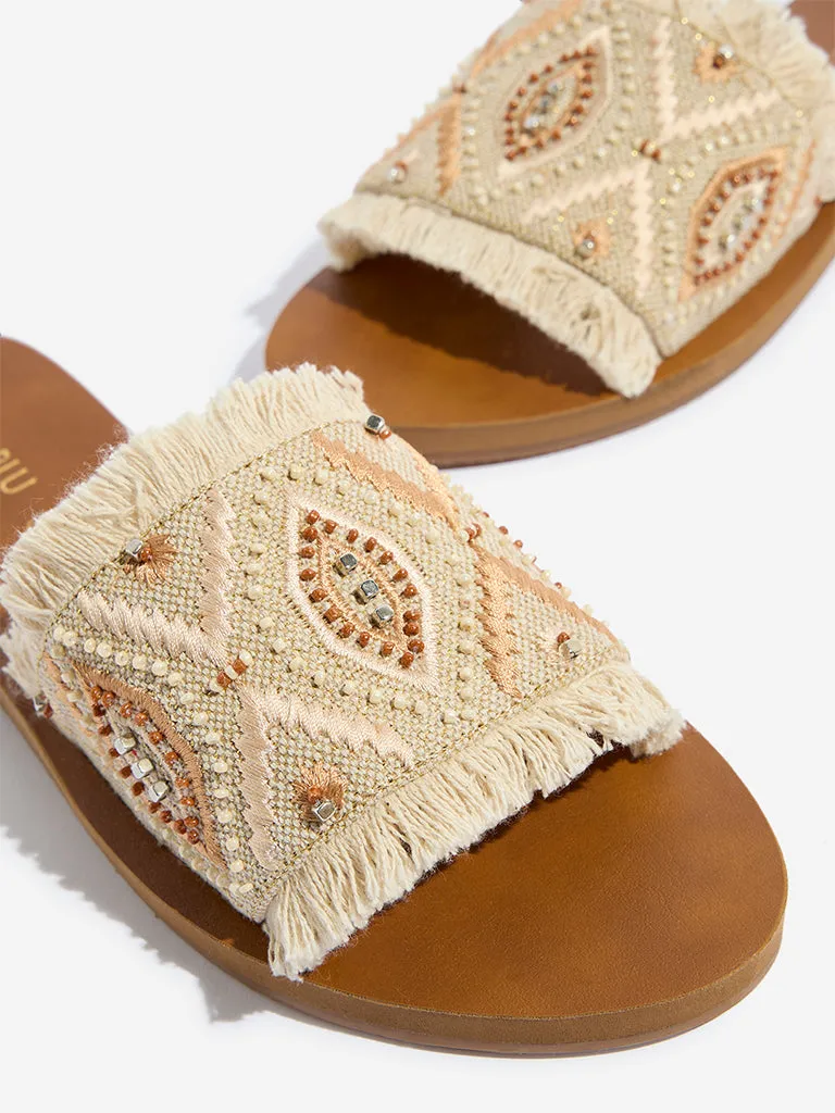LUNA BLU Beige Fringe-Detailed Artisanal Slides
