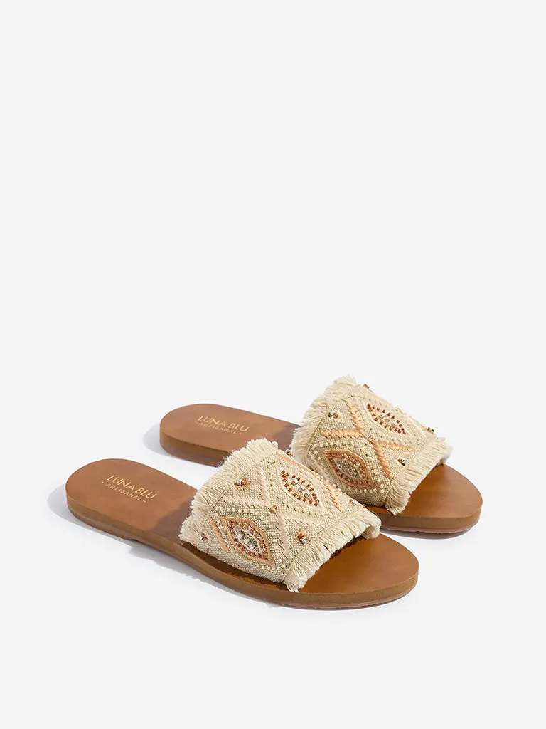 LUNA BLU Beige Fringe-Detailed Artisanal Slides