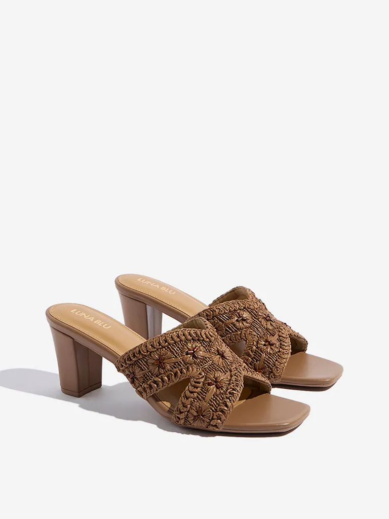 LUNA BLU Brown Floral Embroidered Heel Sandals