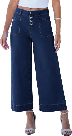 luvamia Wide Leg Jeans for Women Cropped High Waisted Trendy Button Fly Patch Pocket Stretchy Denim Pants Trousers Jeans