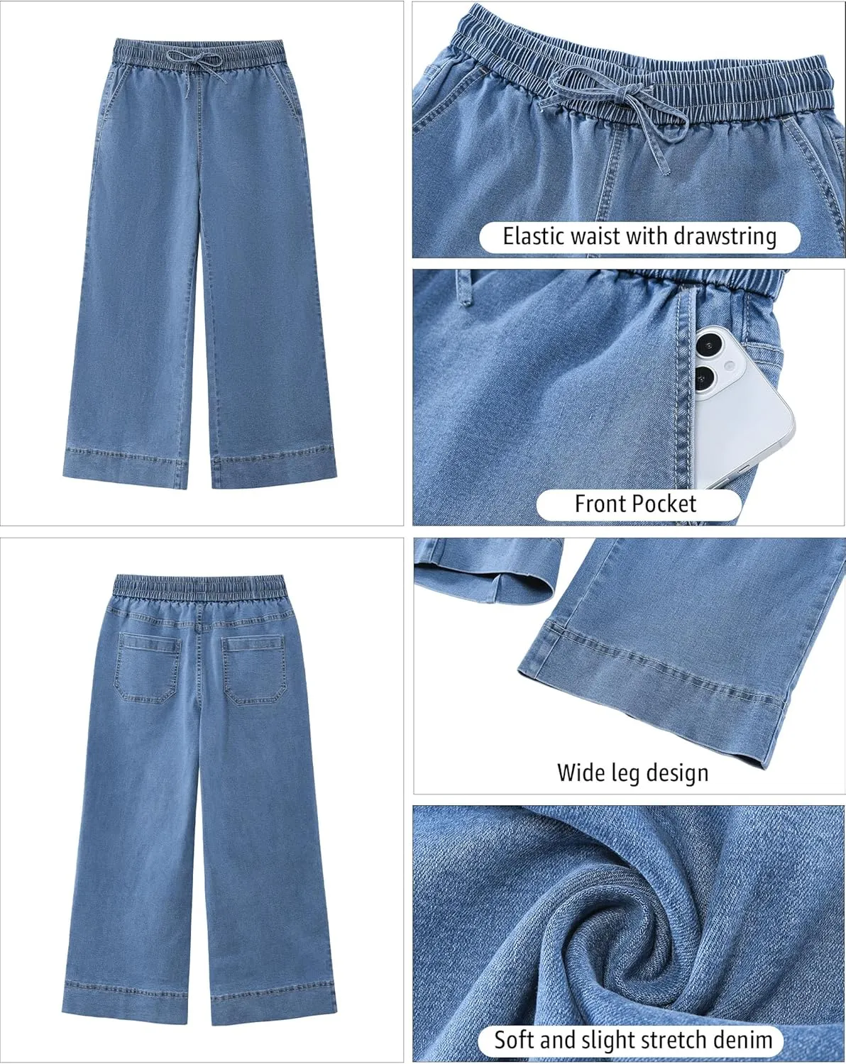 luvamia Wide Leg Jeans for Women High Waisted Cropped Pull On Jeans Elastic Wasit Drawstring Stretch Denim Trouser Pants