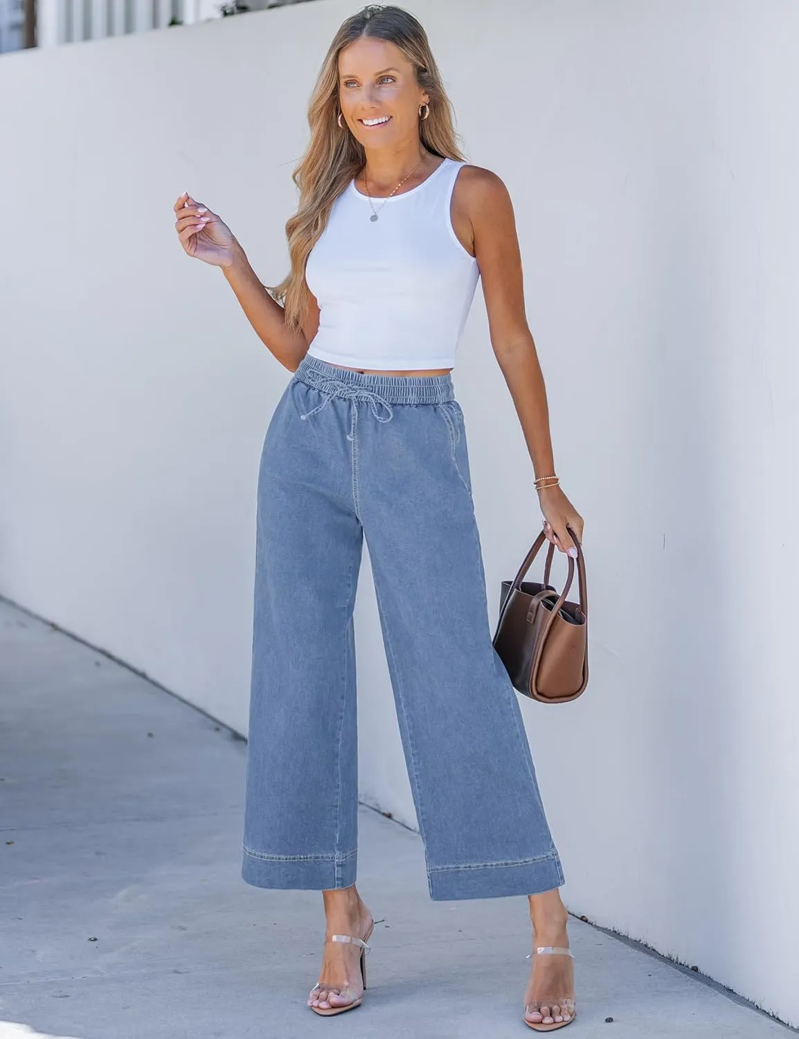 luvamia Wide Leg Jeans for Women High Waisted Cropped Pull On Jeans Elastic Wasit Drawstring Stretch Denim Trouser Pants