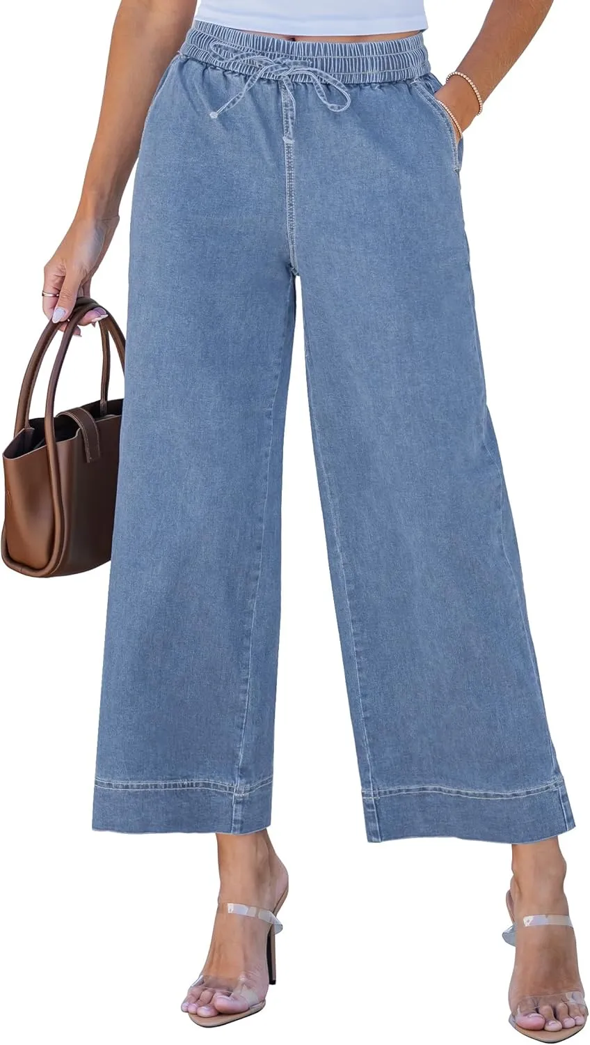 luvamia Wide Leg Jeans for Women High Waisted Cropped Pull On Jeans Elastic Wasit Drawstring Stretch Denim Trouser Pants