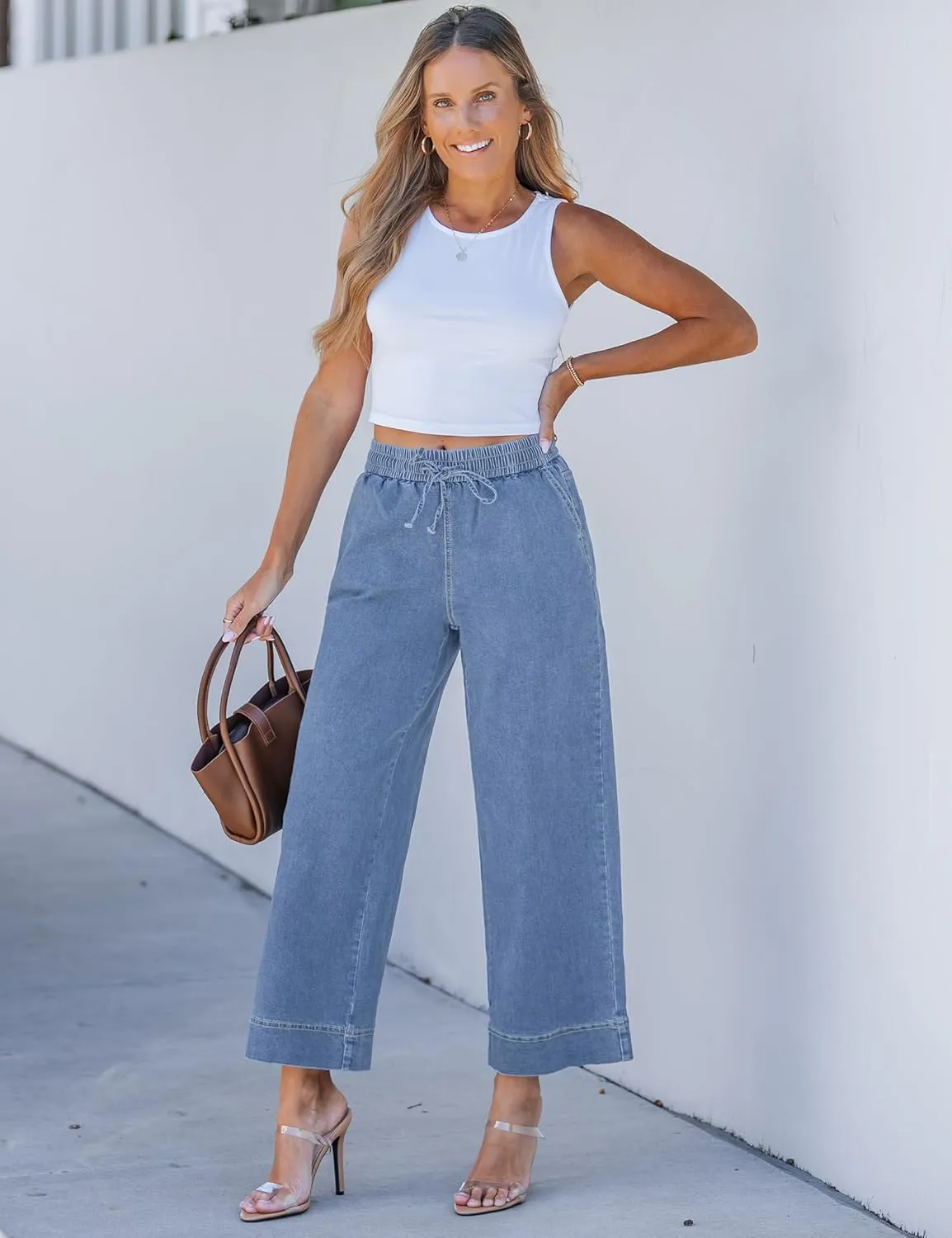 luvamia Wide Leg Jeans for Women High Waisted Cropped Pull On Jeans Elastic Wasit Drawstring Stretch Denim Trouser Pants