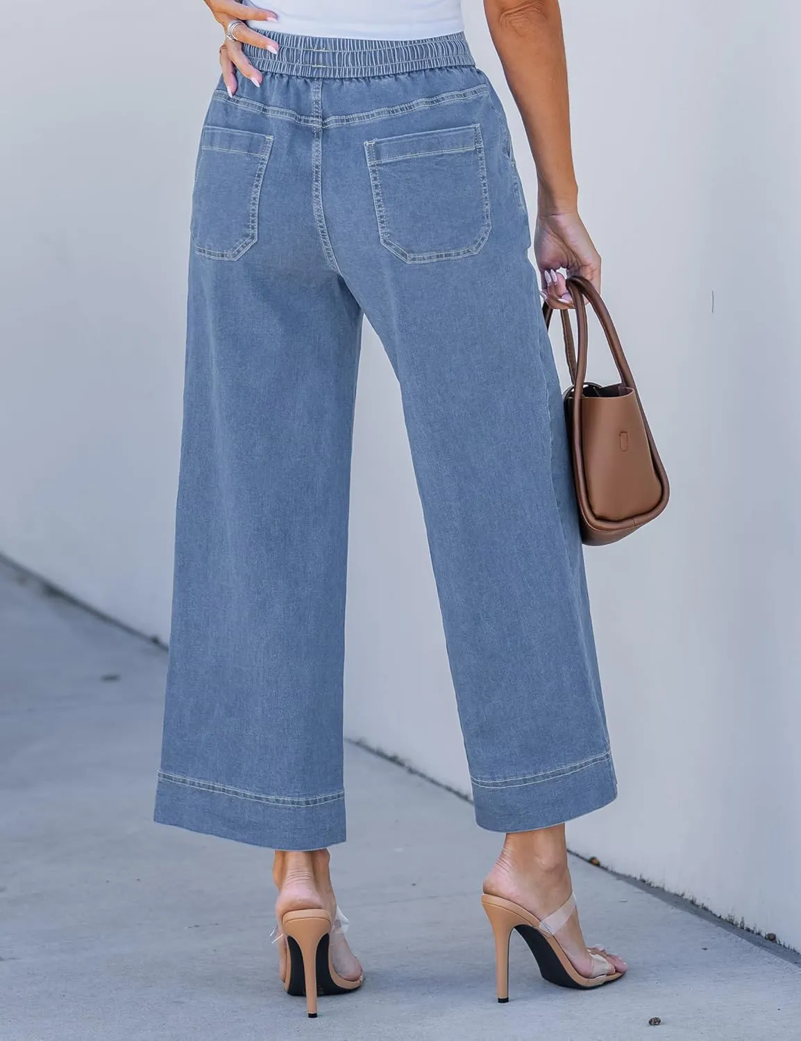 luvamia Wide Leg Jeans for Women High Waisted Cropped Pull On Jeans Elastic Wasit Drawstring Stretch Denim Trouser Pants