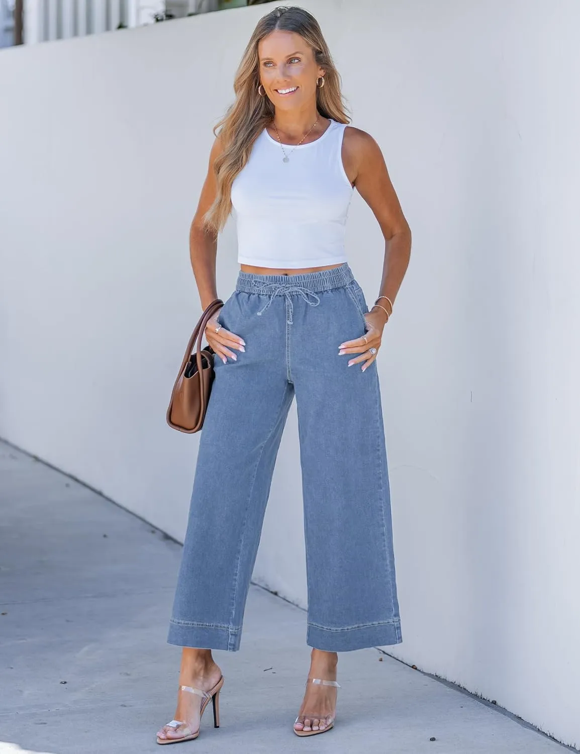 luvamia Wide Leg Jeans for Women High Waisted Cropped Pull On Jeans Elastic Wasit Drawstring Stretch Denim Trouser Pants