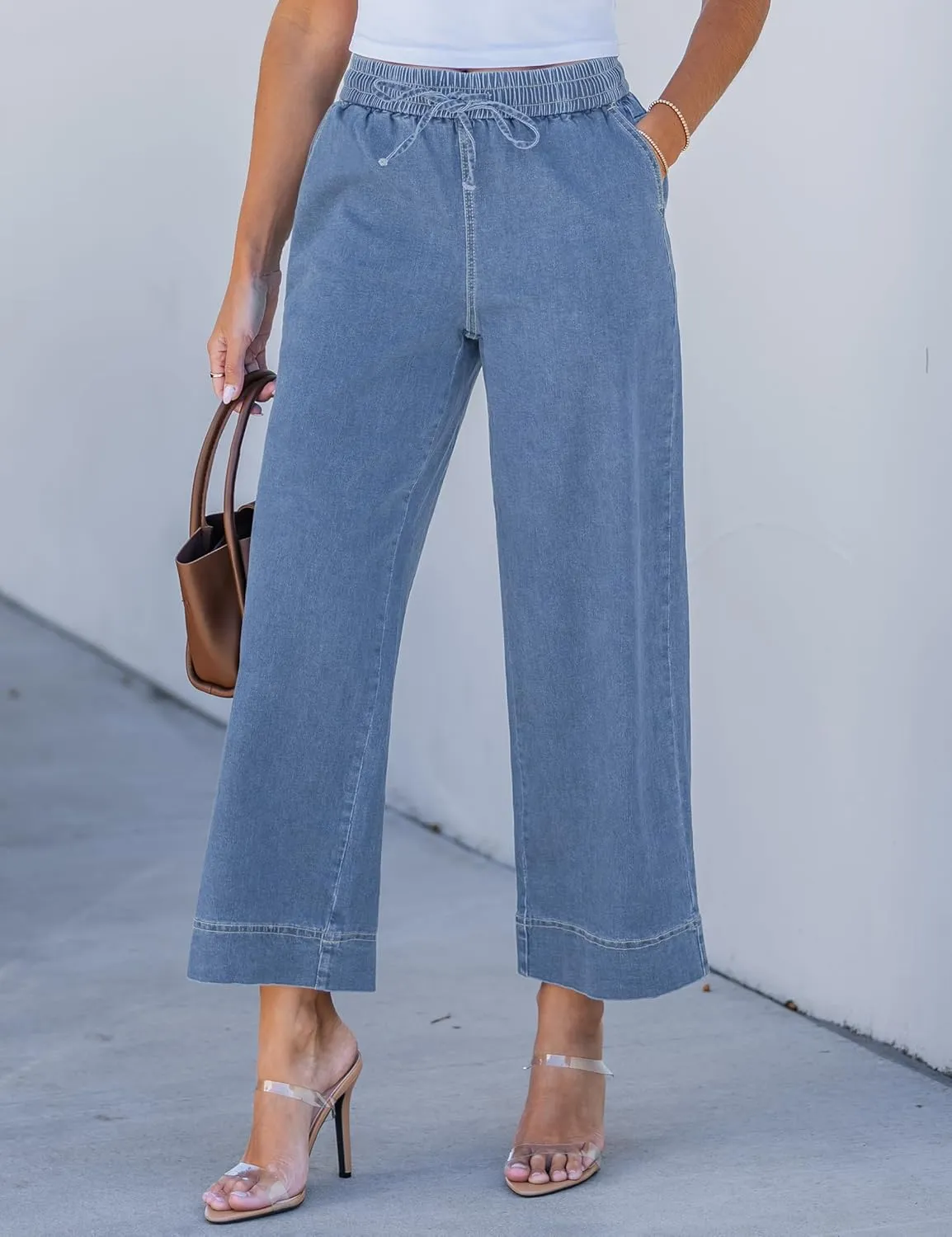 luvamia Wide Leg Jeans for Women High Waisted Cropped Pull On Jeans Elastic Wasit Drawstring Stretch Denim Trouser Pants