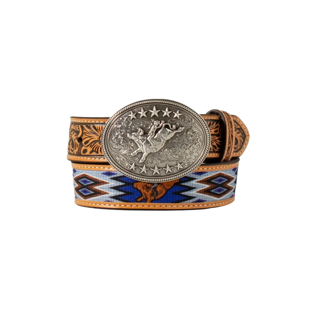 M&F Men's  3D Western Belt Boys Bull Rider Floral Embossed Brown Blue