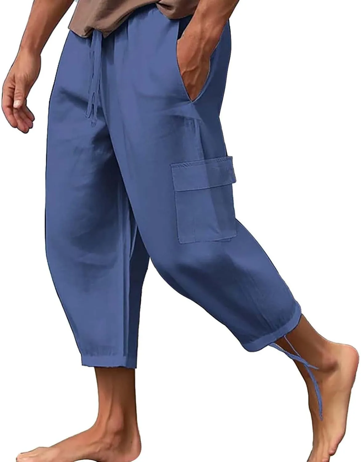 Men Linen Cotton Capri Pants Loose Fit Open Bottom Lounge Long Shorts Multi Pockets Lightweight Summer Hippie Yoga Pant