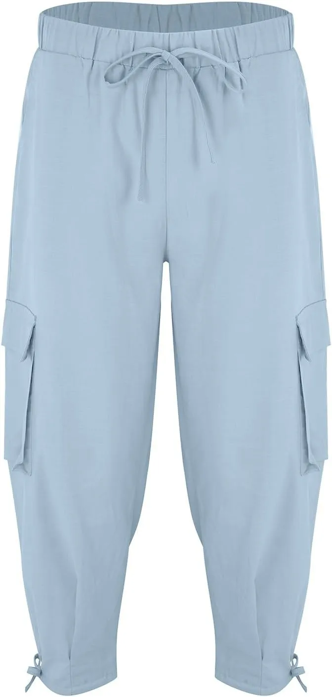 Men Linen Cotton Capri Pants Loose Fit Open Bottom Lounge Long Shorts Multi Pockets Lightweight Summer Hippie Yoga Pant