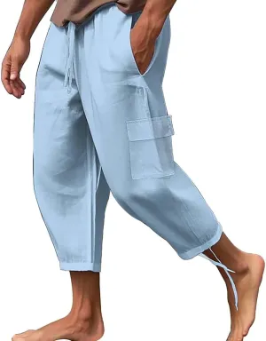 Men Linen Cotton Capri Pants Loose Fit Open Bottom Lounge Long Shorts Multi Pockets Lightweight Summer Hippie Yoga Pant