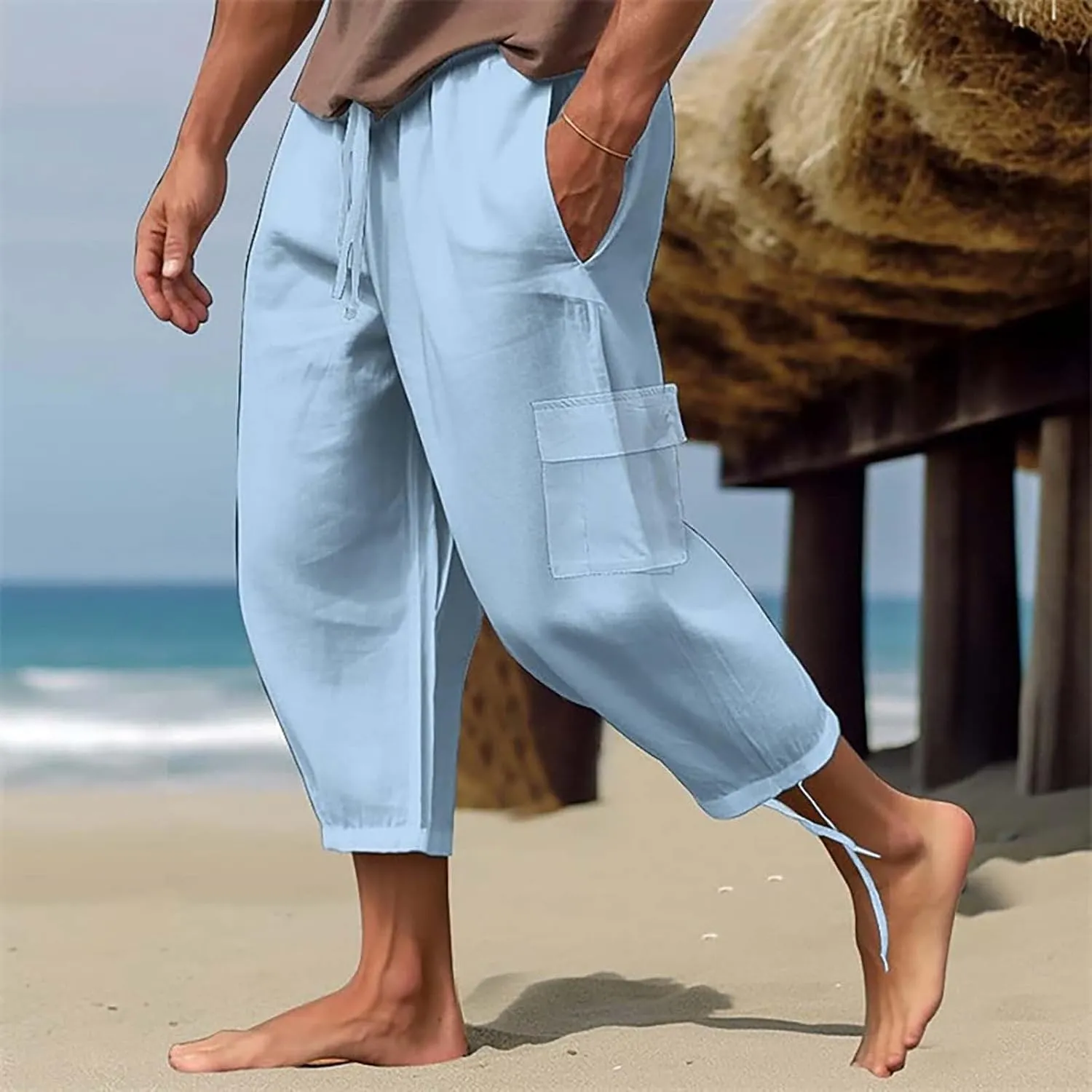 Men Linen Cotton Capri Pants Loose Fit Open Bottom Lounge Long Shorts Multi Pockets Lightweight Summer Hippie Yoga Pant
