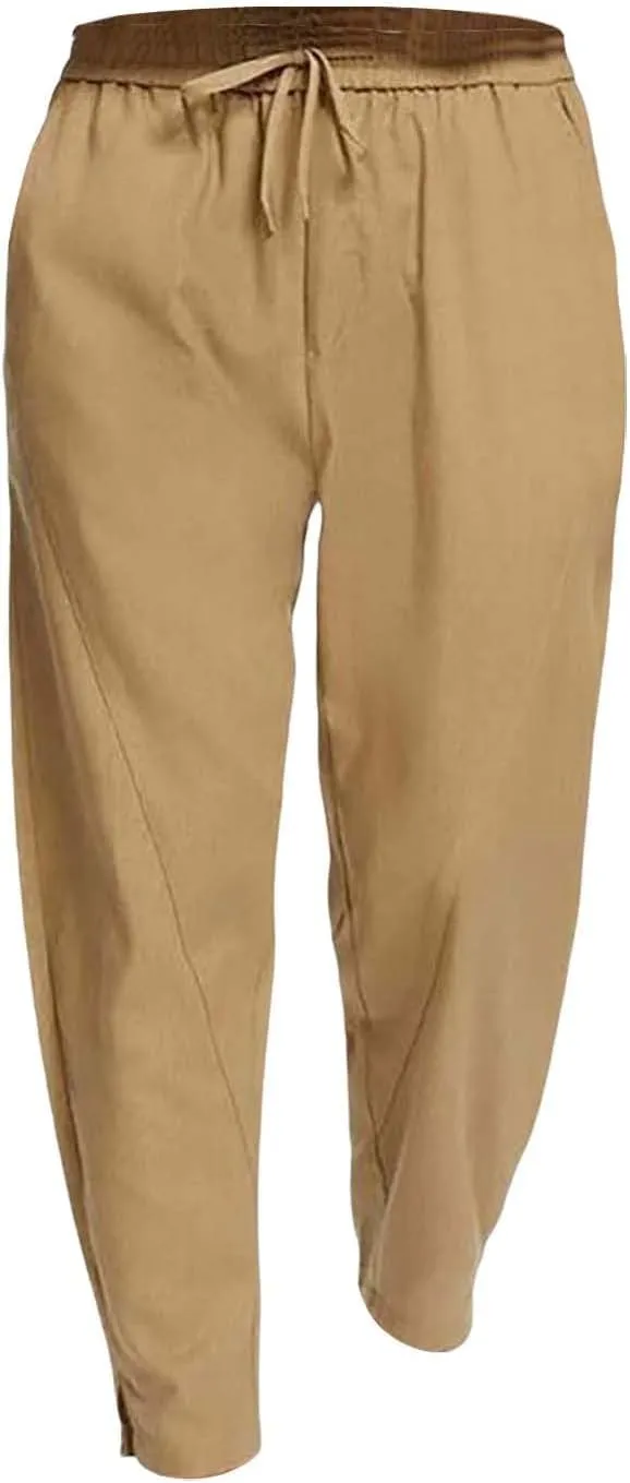 Men Linen Pants Casual Elastic Waist Trousers Summer Beach Vacation Lightweight Pants Drawstring Slacks with Pocket