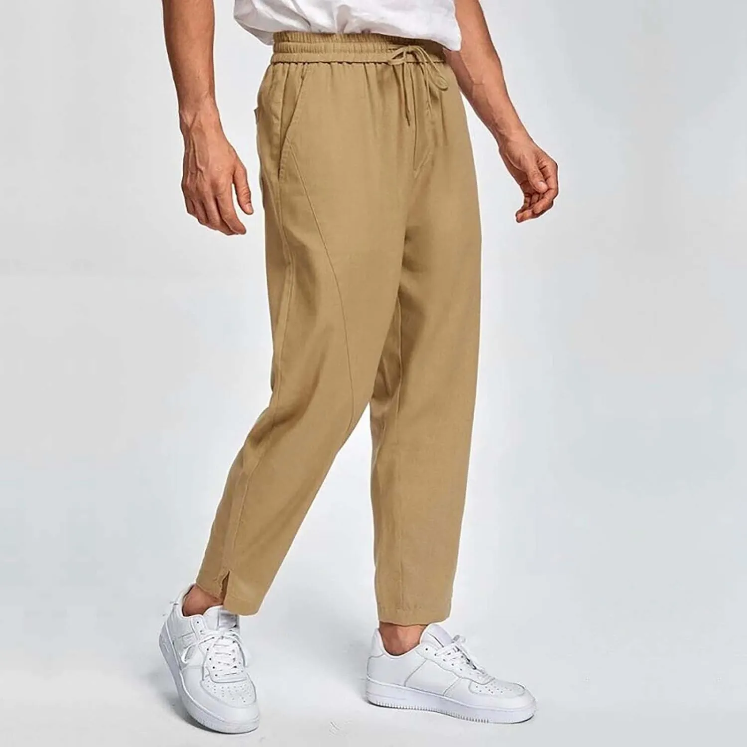 Men Linen Pants Casual Elastic Waist Trousers Summer Beach Vacation Lightweight Pants Drawstring Slacks with Pocket
