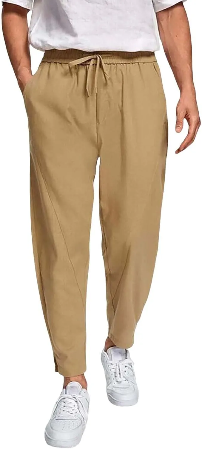 Men Linen Pants Casual Elastic Waist Trousers Summer Beach Vacation Lightweight Pants Drawstring Slacks with Pocket