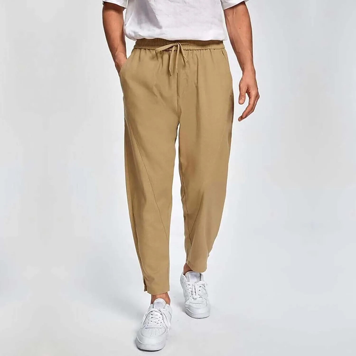 Men Linen Pants Casual Elastic Waist Trousers Summer Beach Vacation Lightweight Pants Drawstring Slacks with Pocket