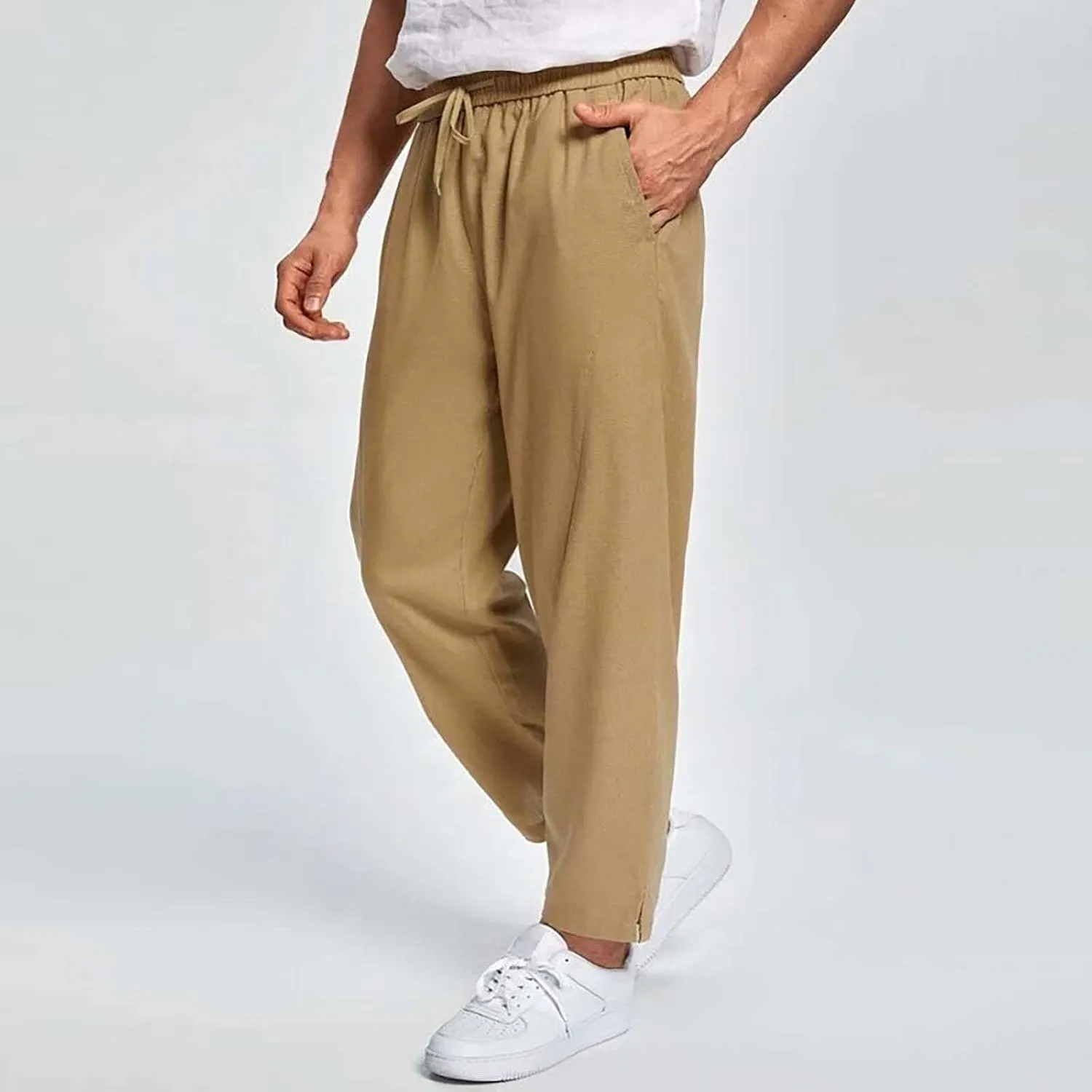 Men Linen Pants Casual Elastic Waist Trousers Summer Beach Vacation Lightweight Pants Drawstring Slacks with Pocket