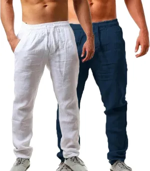 Men's 2 Pack Linen Pants Summer Casual Beach Pants Lightweight Vacation Slacks Elastic Waist Yoga Lounge Trousers