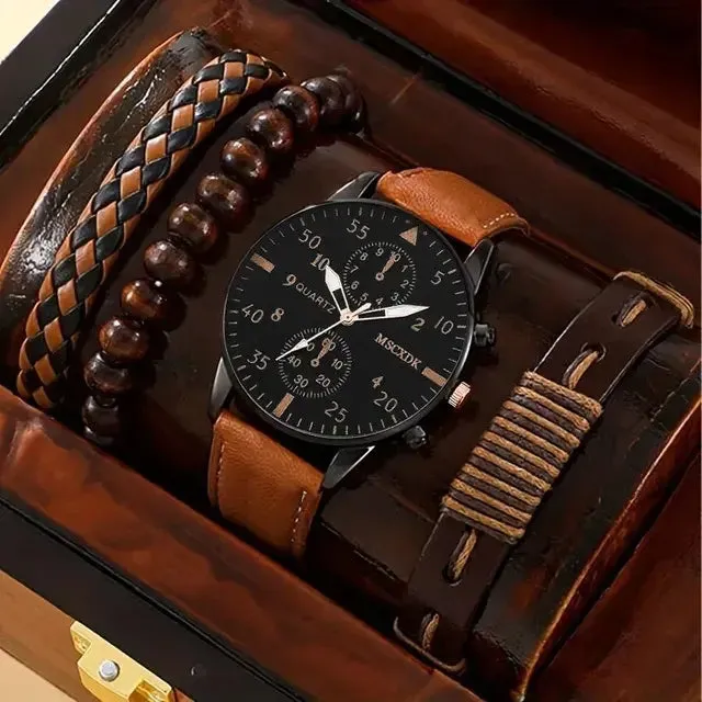 Men's Business Leather Watch Set