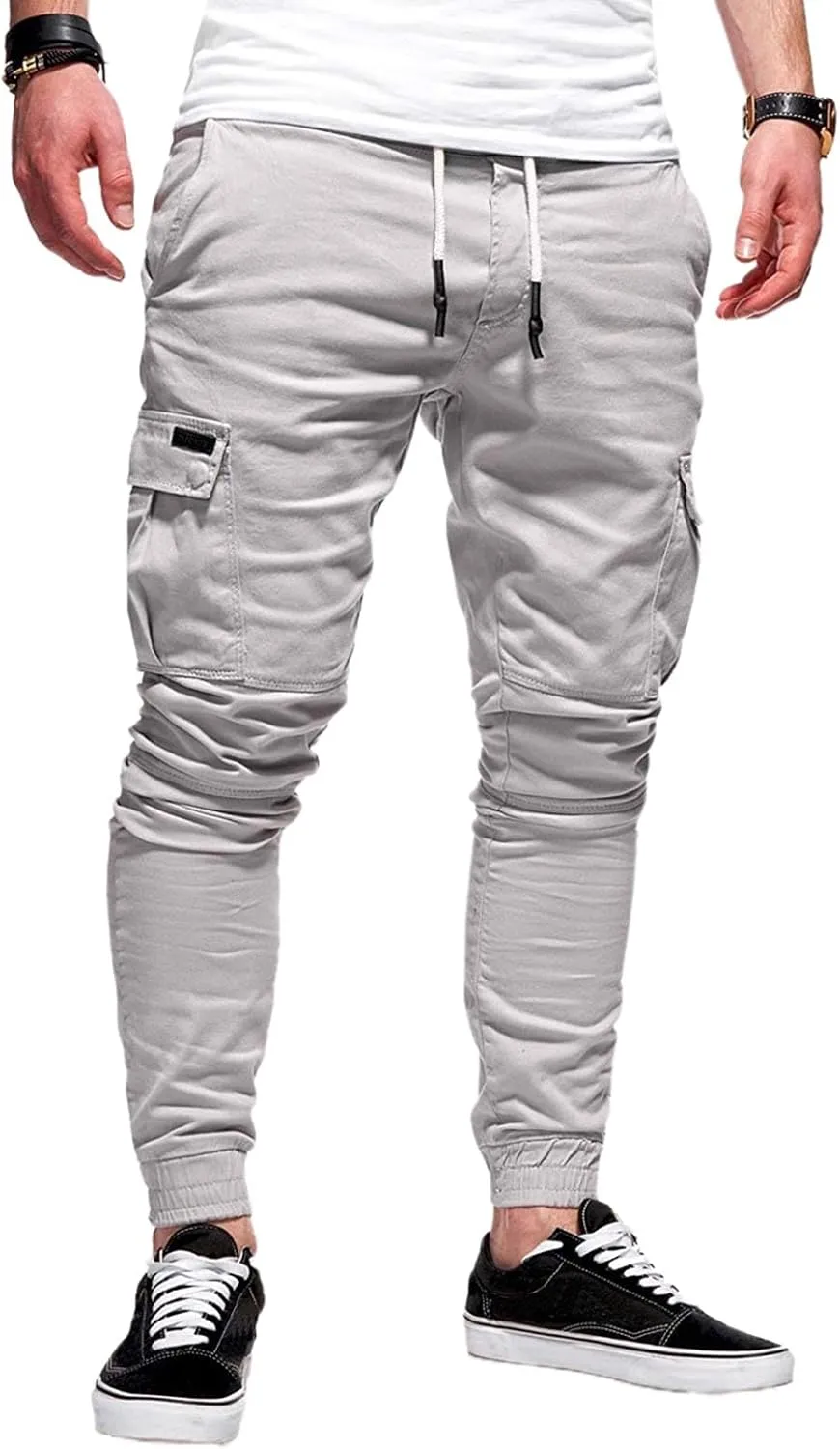 Mens Cargo Pants Casual Elastic Waist Joggers Sweatpants Slim Fit Workout Athletic Fashion Trousers for Mens