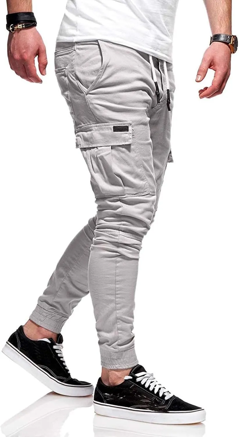 Mens Cargo Pants Casual Elastic Waist Joggers Sweatpants Slim Fit Workout Athletic Fashion Trousers for Mens