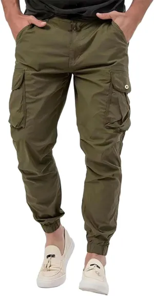 Men's Cargo Pants Cotton Casual Hiking Joggers Slim Fit Stretch Lightweight Work Trousers with Pocket Drawstring Waist