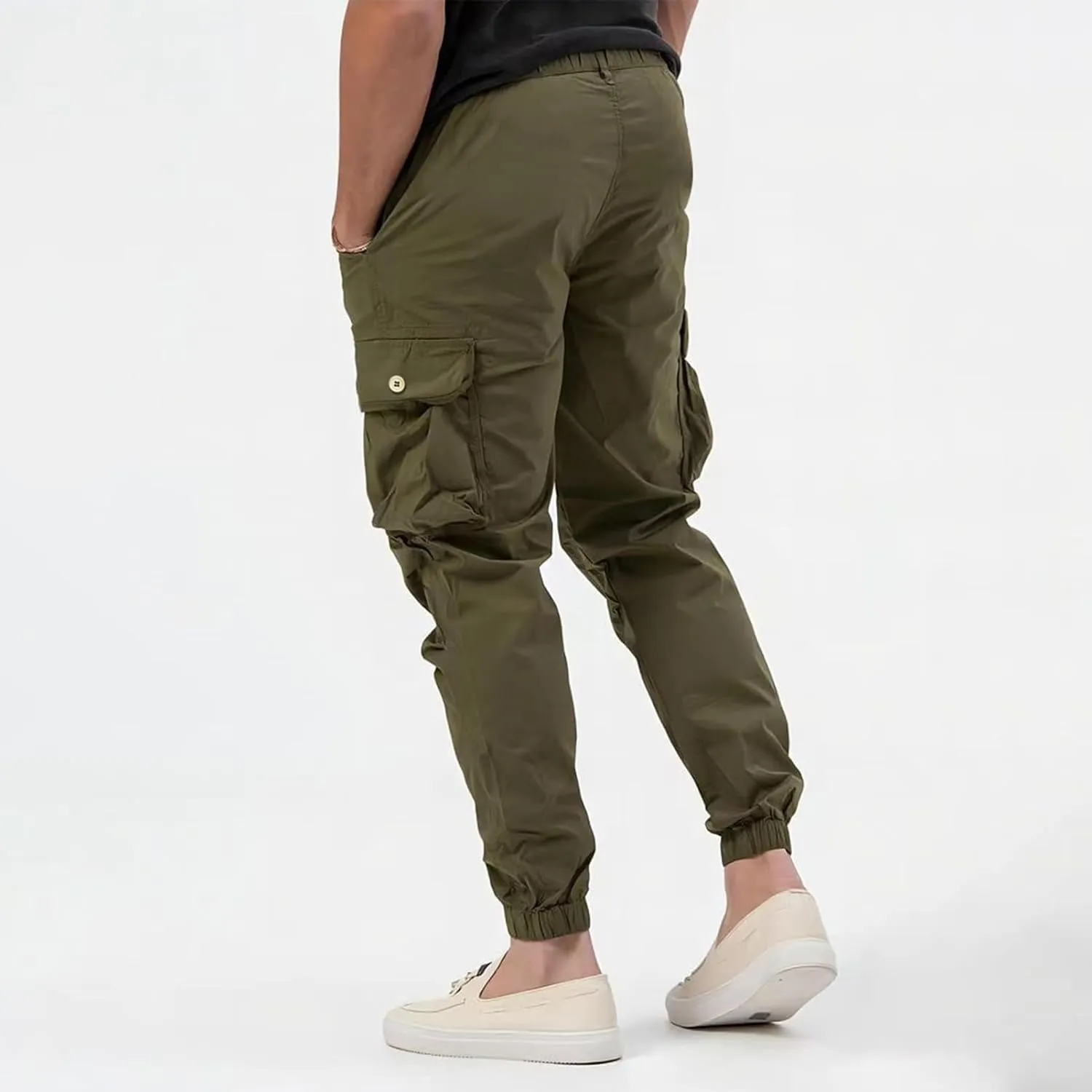 Men's Cargo Pants Cotton Casual Hiking Joggers Slim Fit Stretch Lightweight Work Trousers with Pocket Drawstring Waist