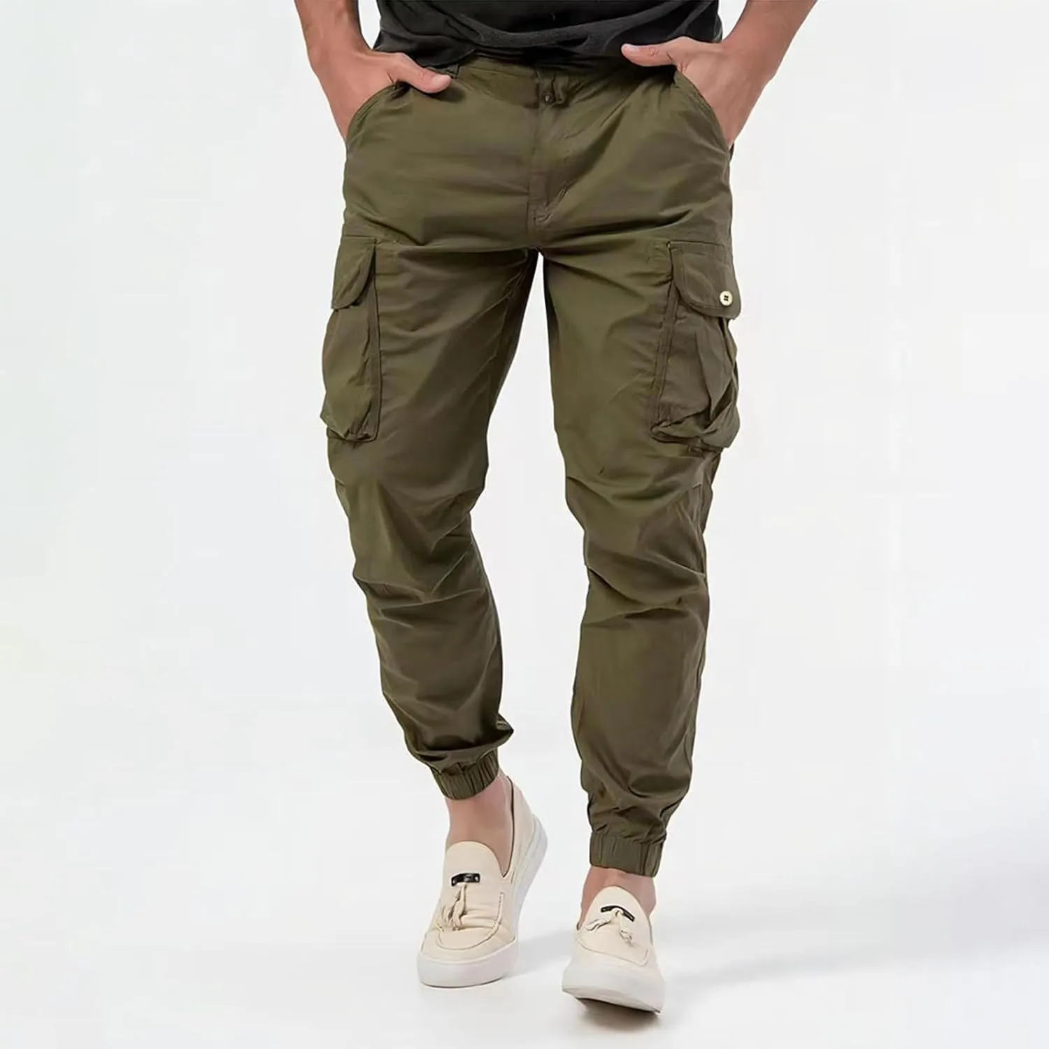Men's Cargo Pants Cotton Casual Hiking Joggers Slim Fit Stretch Lightweight Work Trousers with Pocket Drawstring Waist