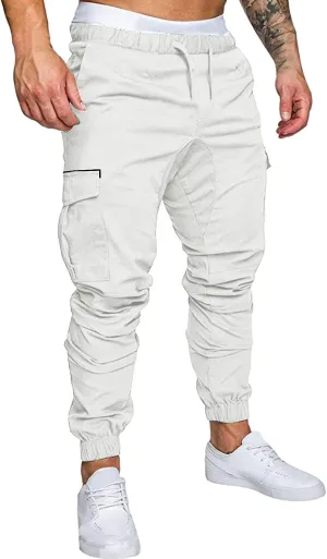 Mens Casual Cotton Cargo Pants Elastic Drawstring Joggers with Pockets Outdoor Sport Trousers Hiking Sweatpants