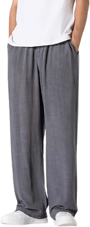 Mens Casual Cotton Linen Wide Leg Loose Lightweight Elastic Waist Pant Jogging Harem Pants Palazzo Trousers