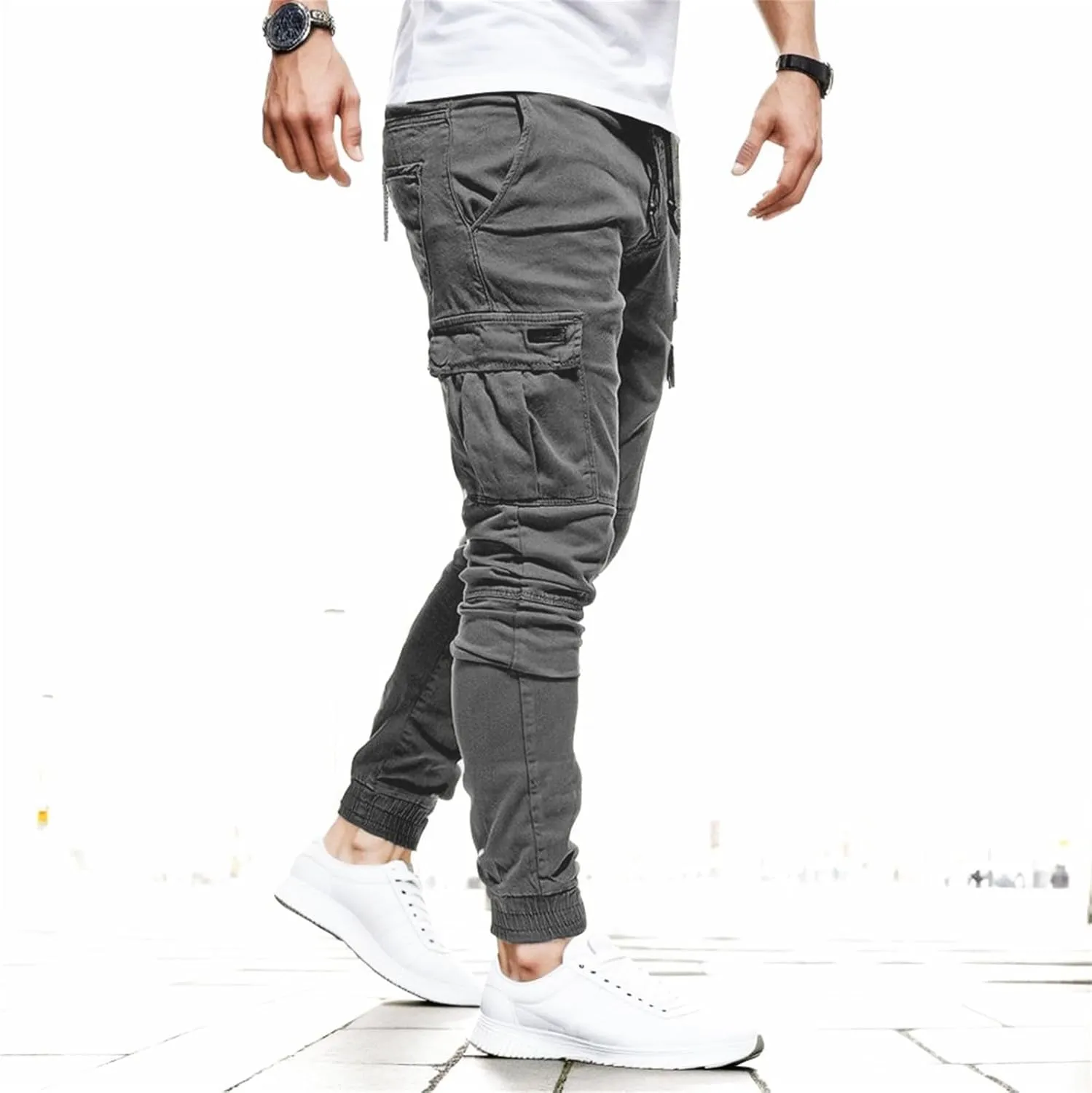 Men's Casual Joggers Cotton Pants Drawstring Hiking Pants Outdoor Twill Track Sweatpants with Pockets for Men