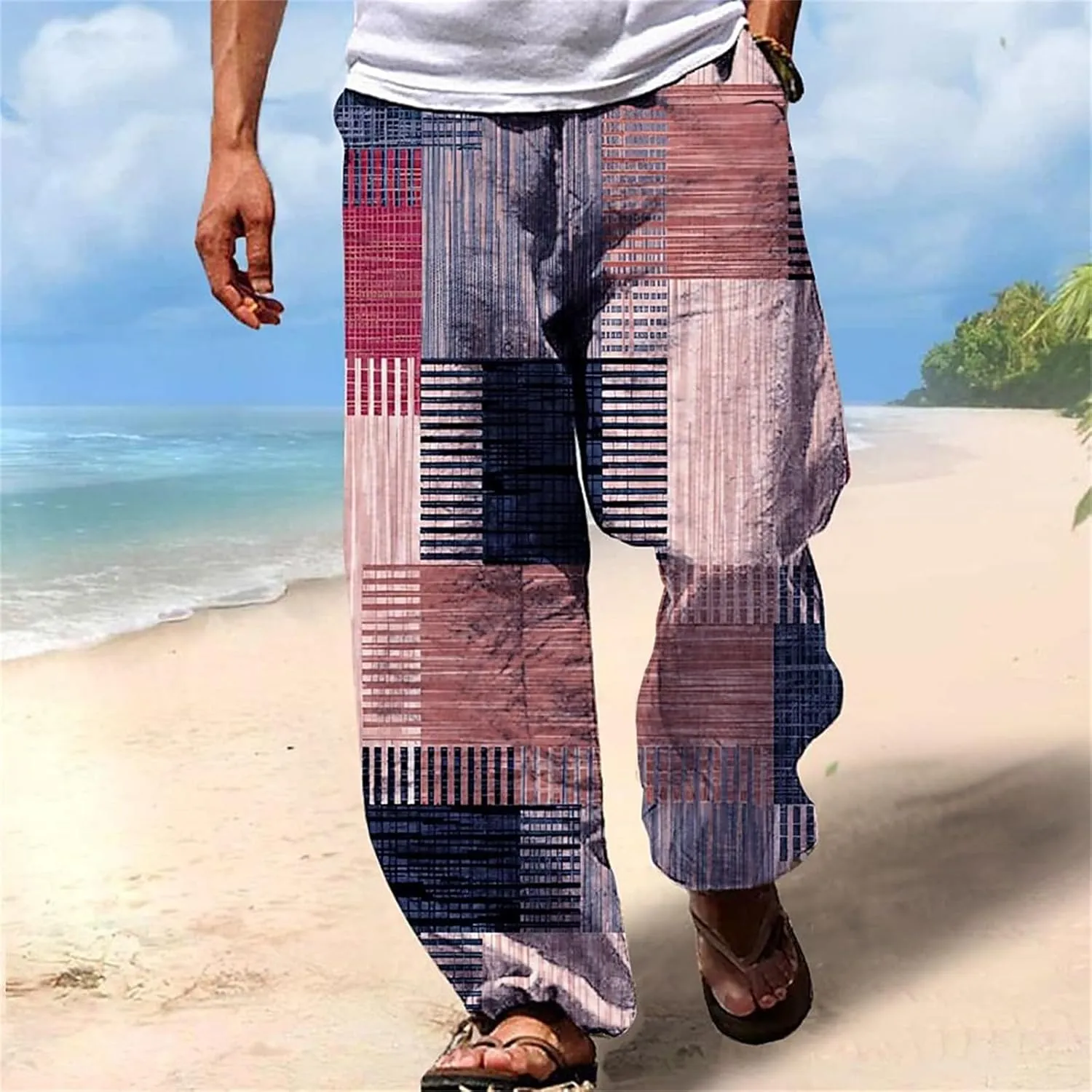 Men's Casual Linen Pants Tall Printed Drawstring Elastic Waist Straight Leg Trouser Summer Beach Yoga Baggy Pants
