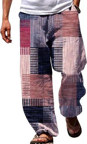 Men's Casual Linen Pants Tall Printed Drawstring Elastic Waist Straight Leg Trouser Summer Beach Yoga Baggy Pants