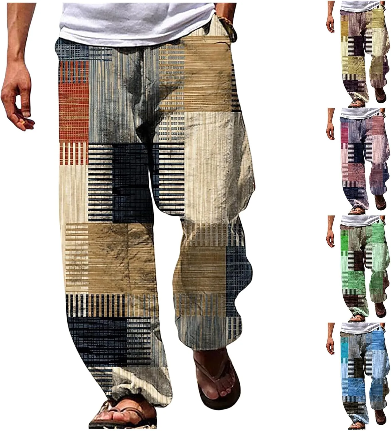 Men's Casual Linen Pants Tall Printed Drawstring Elastic Waist Straight Leg Trouser Summer Beach Yoga Baggy Pants