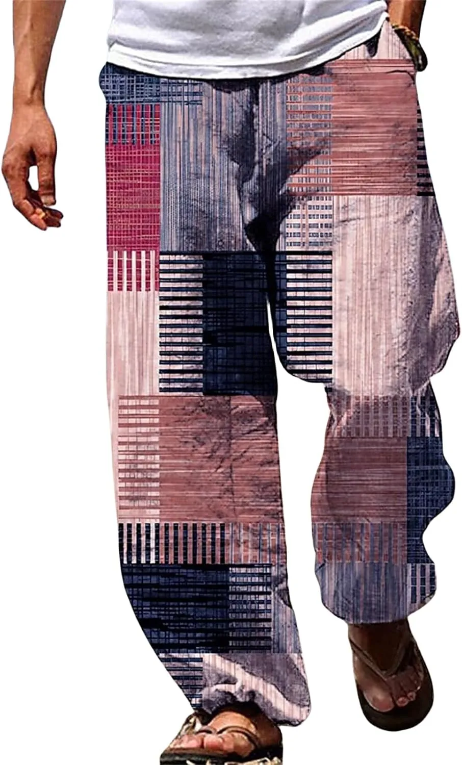 Men's Casual Linen Pants Tall Printed Drawstring Elastic Waist Straight Leg Trouser Summer Beach Yoga Baggy Pants