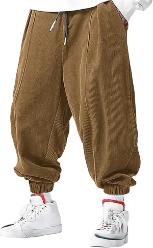 Mens Corduroy Harem Pants with Pocket Plain Tapered Pants Casual Loose Pants Baggy Streetwear Hip Hop Wide Leg Slacks