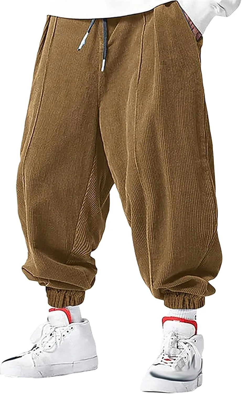 Mens Corduroy Harem Pants with Pocket Plain Tapered Pants Casual Loose Pants Baggy Streetwear Hip Hop Wide Leg Slacks