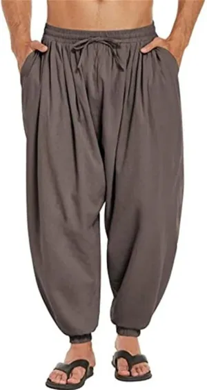 Men's Cotton Linen Casual Pants Solid Color Elastic Waist Drawstring with Pockets