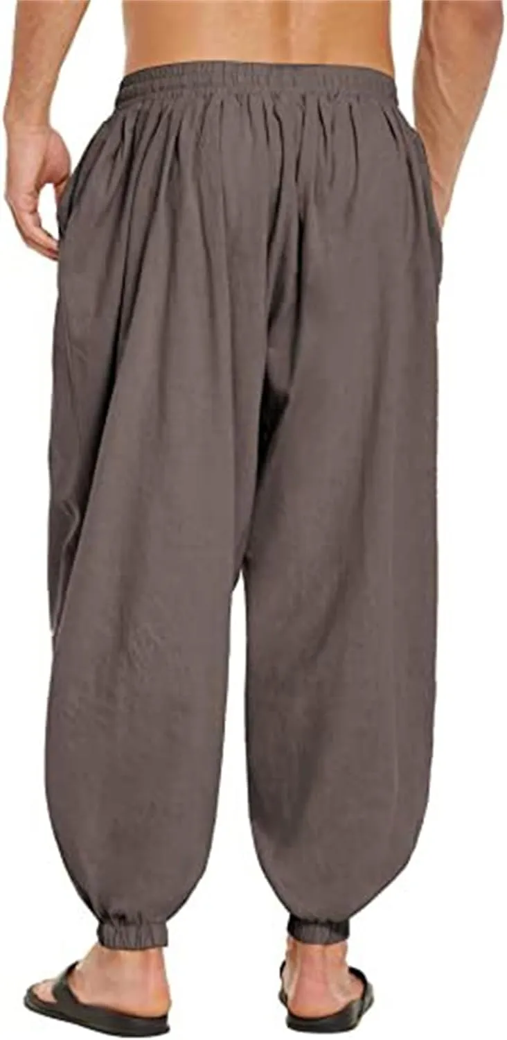 Men's Cotton Linen Casual Pants Solid Color Elastic Waist Drawstring with Pockets