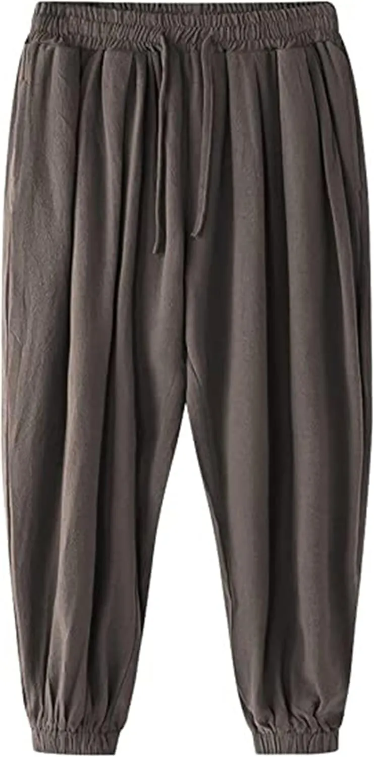Men's Cotton Linen Casual Pants Solid Color Elastic Waist Drawstring with Pockets