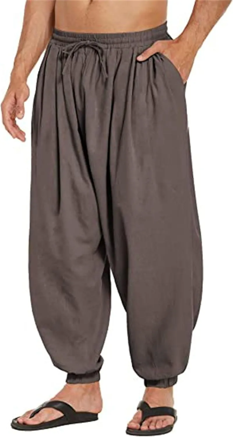 Men's Cotton Linen Casual Pants Solid Color Elastic Waist Drawstring with Pockets