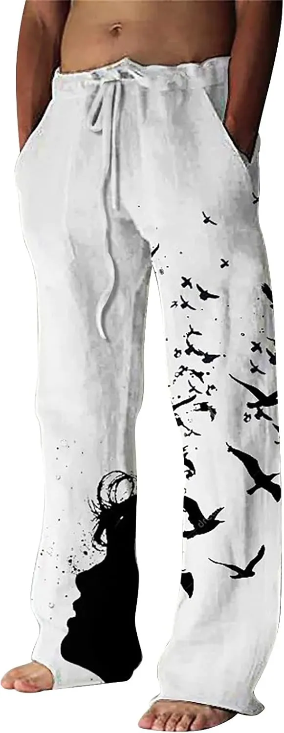 Mens Cotton Linen Drawstring Pants Elastic Waist Casual Jogger Yoga Pants Fashion Printing Oversized Lounge Pants S-5XL