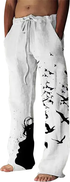 Mens Cotton Linen Drawstring Pants Elastic Waist Casual Jogger Yoga Pants Fashion Printing Oversized Lounge Pants S-5XL